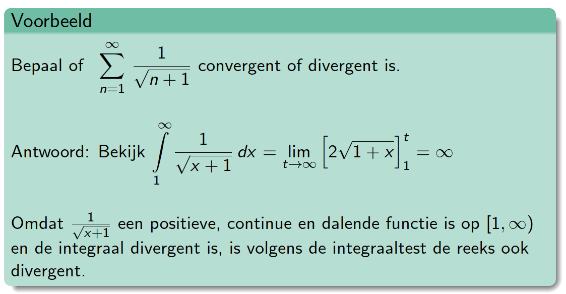 <p>We weten dat de limiet van de som groter is dan de integraal van f(x) van 1 t/m oneindig.</p>