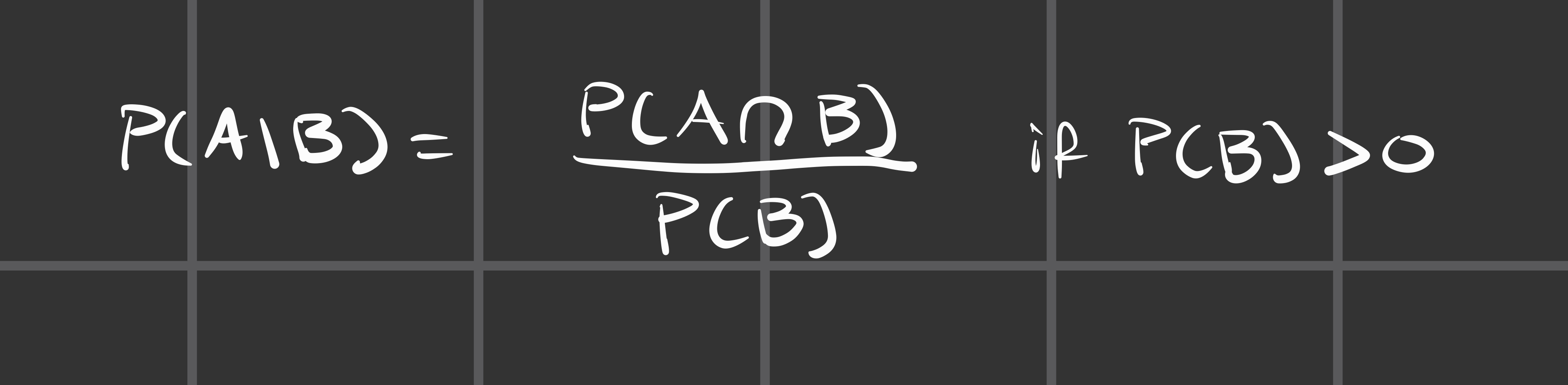 <p>Given two events, A and B, we denote the probability of event A happening, given that event B is known to happen as: P(A|B)</p><ul><li><p>This reads as “A given B”</p></li><li><p>The current information, or the certainty of event B, changes the sample space or the possible outcomes</p></li></ul><p></p><p></p>