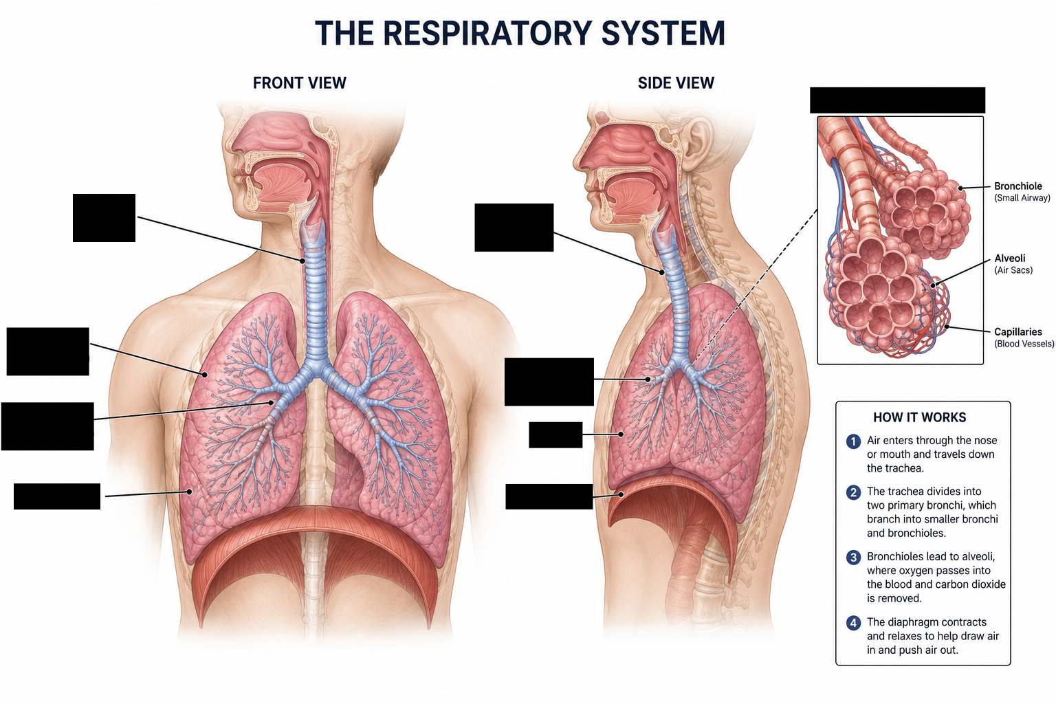 <p>Label and explain the main structures and functions of the Respriatory system</p>