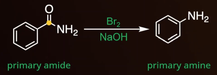 <ul><li><p><span style="background-color: transparent;">Happens when converting primary amide to primary amine.</span></p></li><li><p><span style="background-color: transparent;">Reagents: Br<sub>2</sub> + NaOH</span></p></li><li><p><span style="background-color: transparent;">Removes a carbon in the process</span></p></li></ul><p></p>