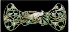 <p>1900, Art Noveau, jewelry designer (metal, glass, gems), initially sold at Bing's Noveau shop;</p><p>inspiration from plants but also insects, birds, other animals *dynamically in motion*</p><p>peacock pin: geometrically idealized (ovals repeated), symmetric/harmonically repetitive, nature as dynamic</p>