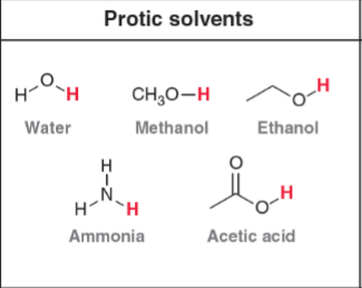 <p>Solvents that have a hydrogen atom directly bonded to an electronegative atom. EX: <strong>O-H </strong>or <strong>N-H. FavorsSN1 </strong>(and E1) by helping the leaving group fall off.</p>