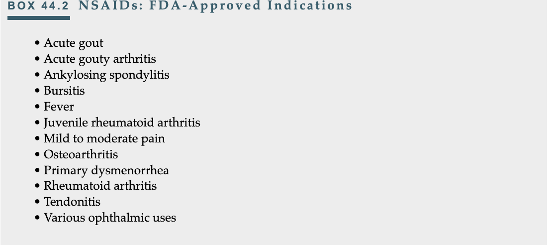 <p><strong>Indications</strong></p><ul><li><p><span style="background-color: transparent; font-family: Arial, sans-serif, Inter, ui-sans-serif, system-ui, -apple-system, BlinkMacSystemFont, "Segoe UI", Roboto, "Helvetica Neue", "Noto Sans", "Apple Color Emoji", "Segoe UI Emoji", "Segoe UI Symbol", "Noto Color Emoji"; font-size: 1.6rem;">primarily used for&nbsp;</span><u>analgesic, anti-inflammatory, &amp; antipyretic</u><span style="background-color: transparent; font-family: Arial, sans-serif, Inter, ui-sans-serif, system-ui, -apple-system, BlinkMacSystemFont, "Segoe UI", Roboto, "Helvetica Neue", "Noto Sans", "Apple Color Emoji", "Segoe UI Emoji", "Segoe UI Symbol", "Noto Color Emoji"; font-size: 1.6rem;">&nbsp;effects,&nbsp;</span><u>platelet inhibition</u></p></li><li><p>widely used for the treatment of rheumatoid arthritis </p></li><li><p>ceiling effect that limits their effectiveness</p></li></ul><p></p><p><strong>Risks</strong></p><ul><li><p><strong>black box warning </strong> for CV(MI, stroke) and GI risk (bleeding, ulcers, perforation) <u>except for aspirin</u></p></li></ul><p></p><p></p>