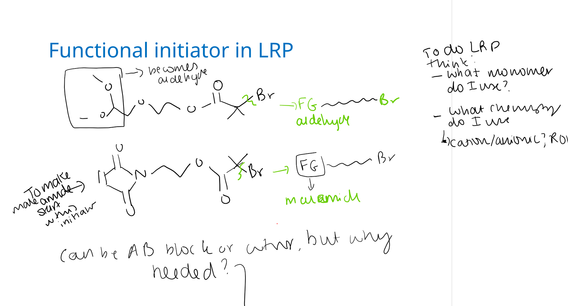 <p>Polymer grows from the initiator’s reactive site while the functional group remains intact.</p>
