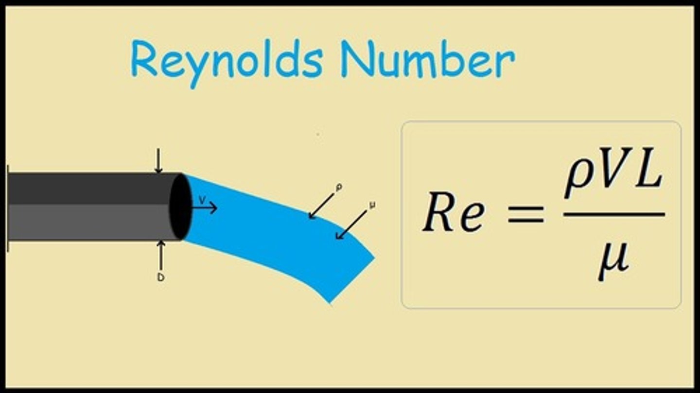 <p>laminar or turbulent </p><p>Laminar flow occurs at low Reynolds number </p><p>ρ = density of fluid</p><p>V = velocity</p><p>L = diameter of pipe</p><p>μ = dynamic viscosity of the fluid</p><p>Reynolds number is dimensionless</p>