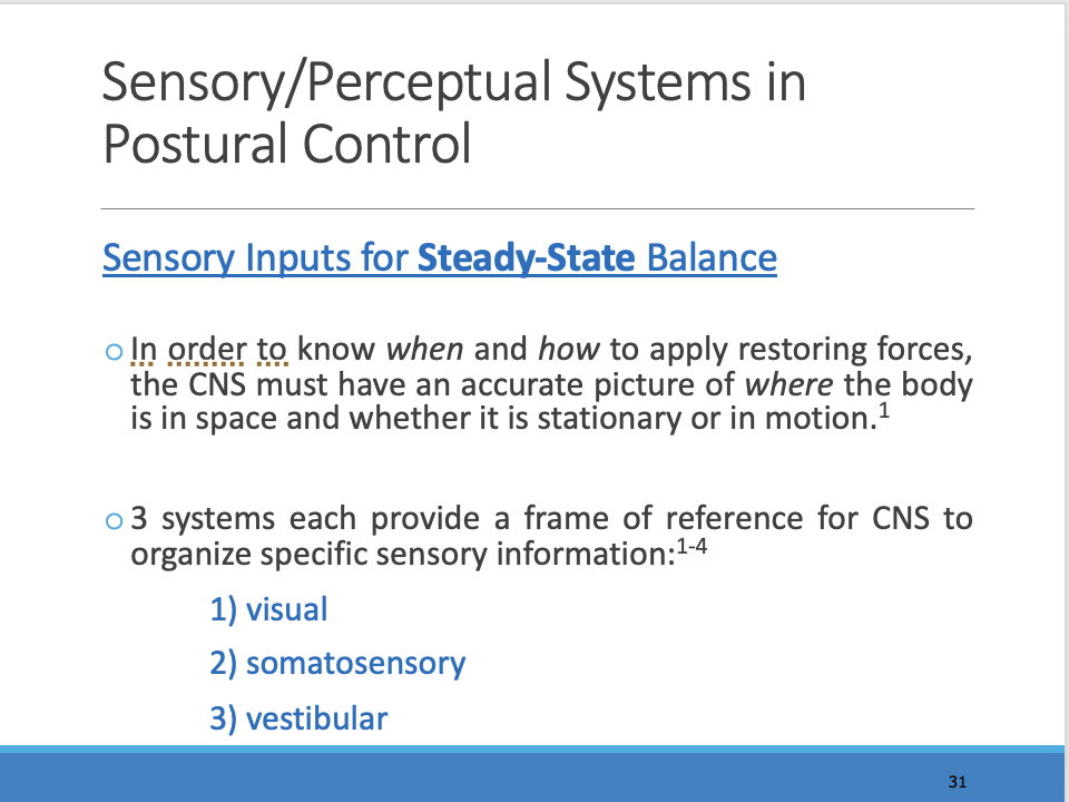 <p>________</p><p><span>Inputs from visual, somatosensory (proprioceptive, cutaneous, and joint receptors), and vestibular systems are important sources of information about the body’s position and movement in space with respect to gravity and the environment. Each sense provides the CNS with a different kind of information about position and motion of the body; thus, each sense provides a different frame of reference for postural control.</span></p>