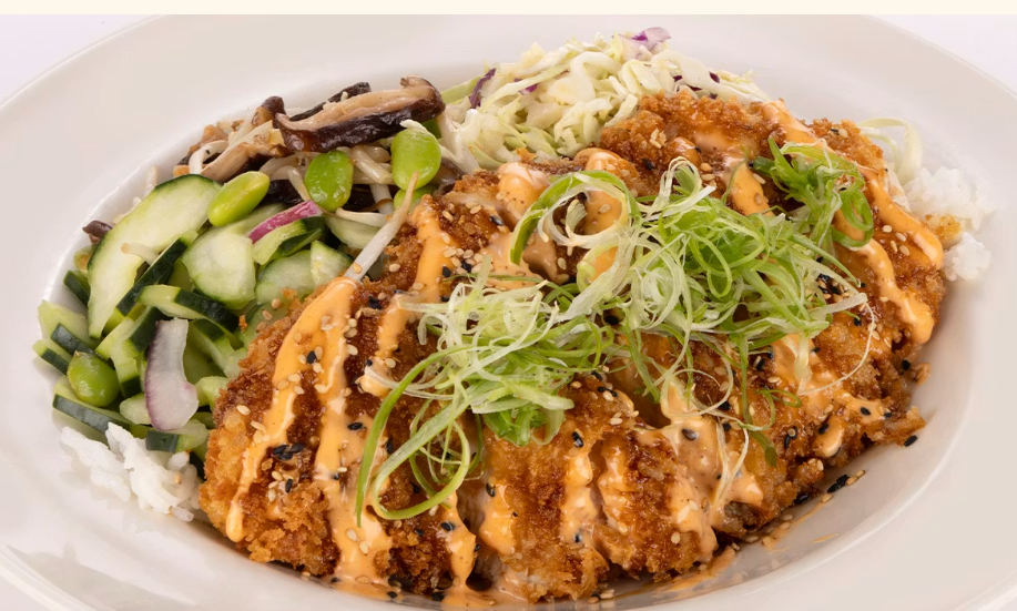 <p>Crispy Chicken with Teriyaki Glaze, Edamame, Mushrooms, Cucumber and Sesame Seeds with White Rice</p>