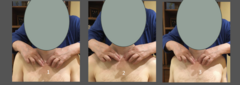 <p>1. in front of patient</p><p>2. fingertips at st-cl joint</p><p>3. patient shrugs shoulders</p><p>4. patient shrugs, moves shoulders back, and puts them down</p>