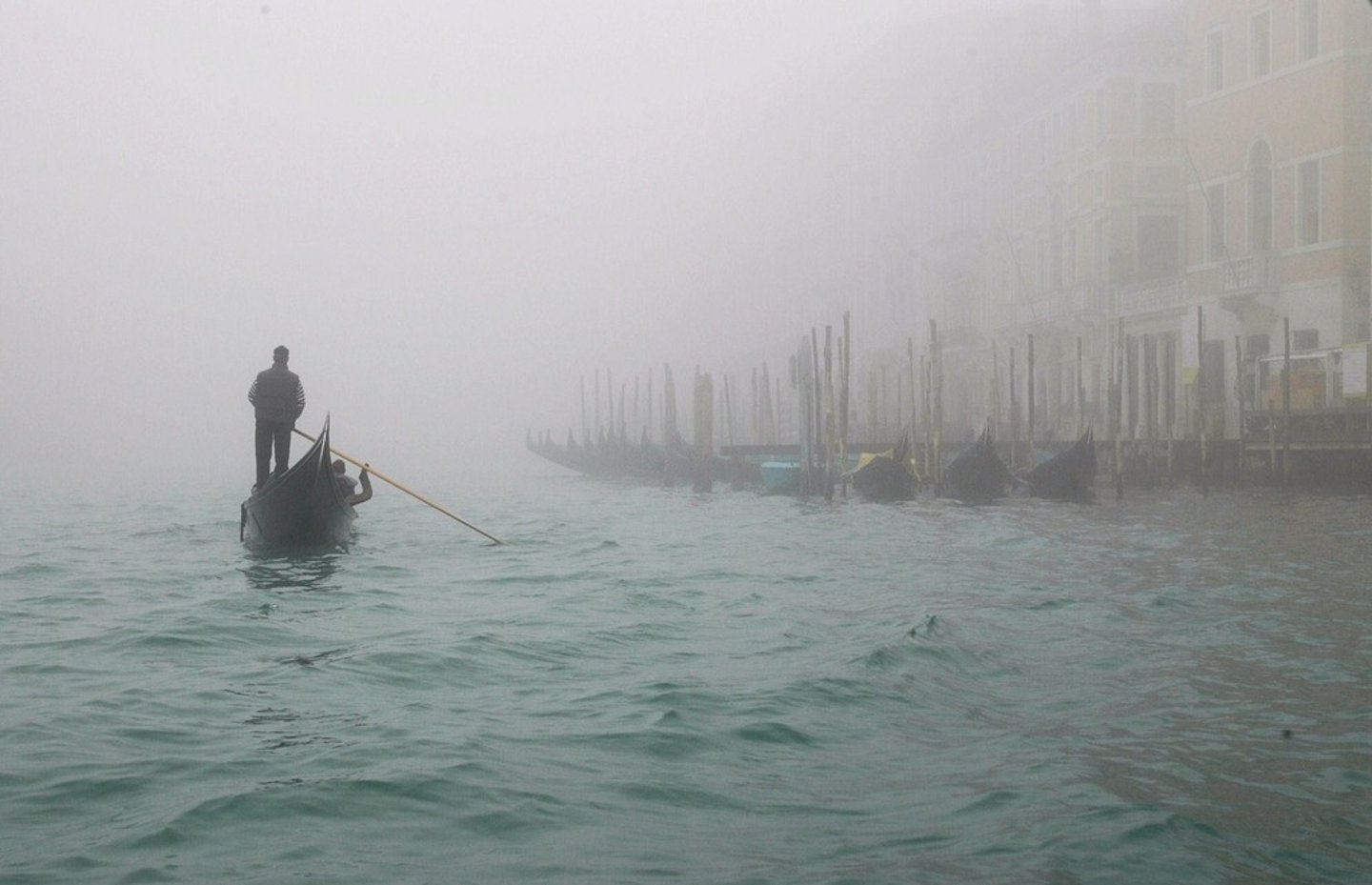 <p>with clouds of small drops of water in the air, making it difficult to see things in the distance</p>