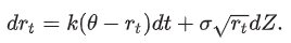 <ul><li><p>Equilibrium model - based on market prices</p></li><li><p>assumes interest rates follow a mean-reverting process</p></li><li><p>drift term - rt = level of rates at t; θ= long run mean; k = speed rate reverts to mean</p></li><li><p>random component - varies as rate changes (non negative)</p></li></ul><p></p>