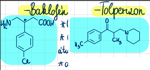 <p>baklofen (Lioresal) <br>tolperizon (Mydeton)</p>