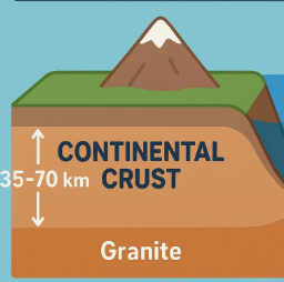 <ul><li><p>Made mainly of granite (less dense rock)</p></li><li><p>Thicker </p></li><li><p>Generally less dense </p></li><li><p>Much older </p></li><li><p>Form the continents </p></li></ul><p></p>