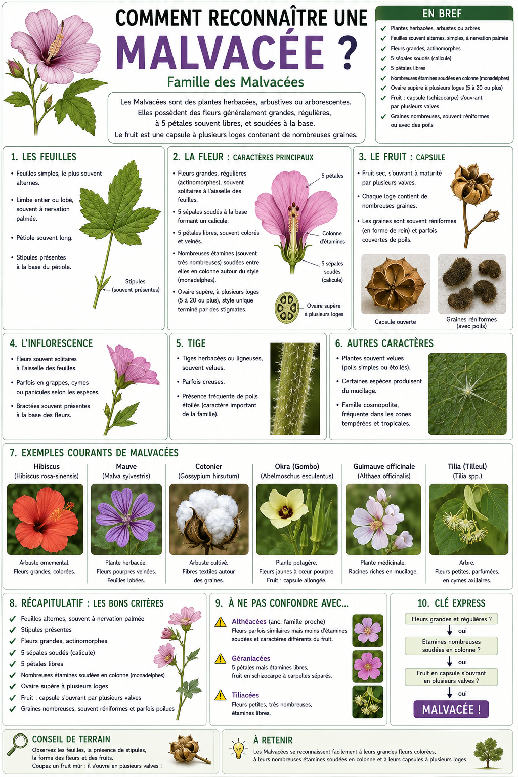 <p>Les Malvaceae sont reconnaissables par plusieurs caractères végétatifs et floraux. Les feuilles sont alternes, souvent palmées ou lobées, avec des stipules, et recouvertes de poils étoilés (indument caractéristique).</p><p>Les fleurs sont pentamères et possèdent souvent un calicule (épicalice), c’est-à-dire un second “calice” de bractées sous les sépales.</p><p>Les pétales sont 5, souvent libres mais légèrement soudés à la base, et les étamines sont très caractéristiques : leurs filets sont soudés en un tube entourant le pistil (colonne staminale).</p><p>La plante contient souvent du mucilage (aspect visqueux).</p><p>Le fruit est généralement une capsule.</p><p>Résumé : feuilles palmées + calicule + étamines soudées en tube = Malvaceae.</p>