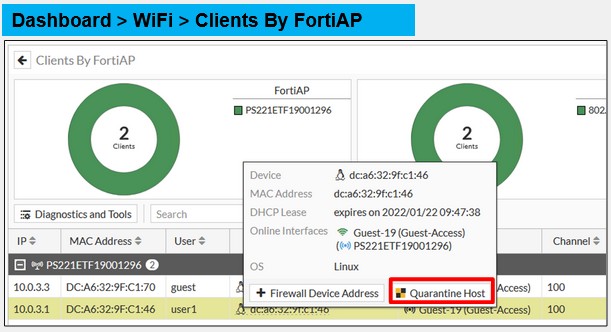 <p>Another method that you can use to manage any hosts that are currently quarantined, or release hosts from quarantine, is by using the Clients By FortiAP dashboard widget, under Dashboard > WiFi</p>