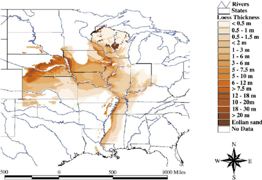 <p><span>wind-blown silt deposits</span></p>