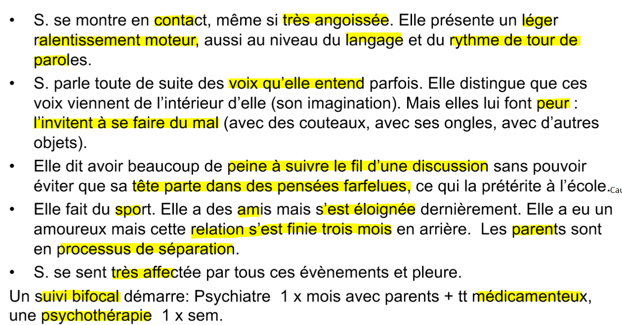 <p>impact capacité motrice, langage => désorga langage, entend voix, pensée délirante => symptôme positive, impact scolarité, éloignement social, impact rupture ?, reconnaissance difficulté </p><p>combinaison approche</p>