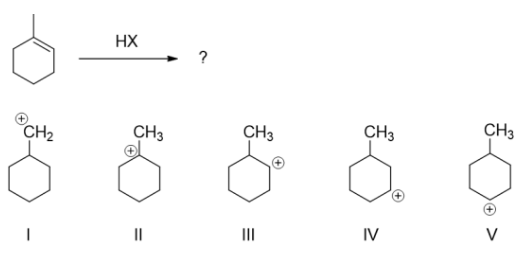 <p>which of the structures shown depicts the most likely carbocation intermediate formed in the hydrohalogenation rxn shown?</p>