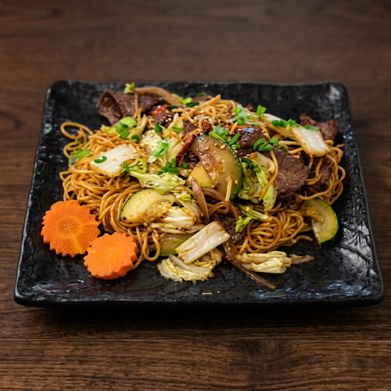 <p>pan-fried noodles w beef, chicken or vegetable served w salad</p>