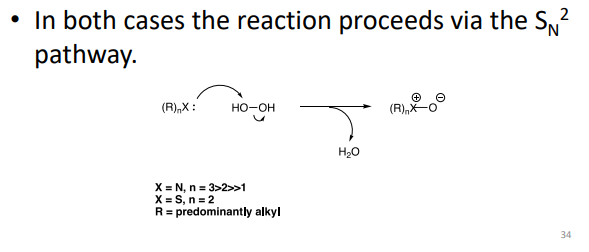 <p><strong>1. Radical pathway</strong></p><ul><li><p>H₂O₂ → forms <strong>•OH radicals</strong></p></li><li><p>→ <strong>chain reaction (propagation)</strong></p></li></ul><p><strong>2. Non-radical pathway</strong></p><ul><li><p>Directly oxidises <strong>amines & sulfides</strong></p></li><li><p>→ <strong>SN2 mechanism (no radicals)</strong></p></li><li><p>→ Peroxides can cause oxidation by <strong>both radical and non-radical mechanisms</strong></p></li></ul><p></p>