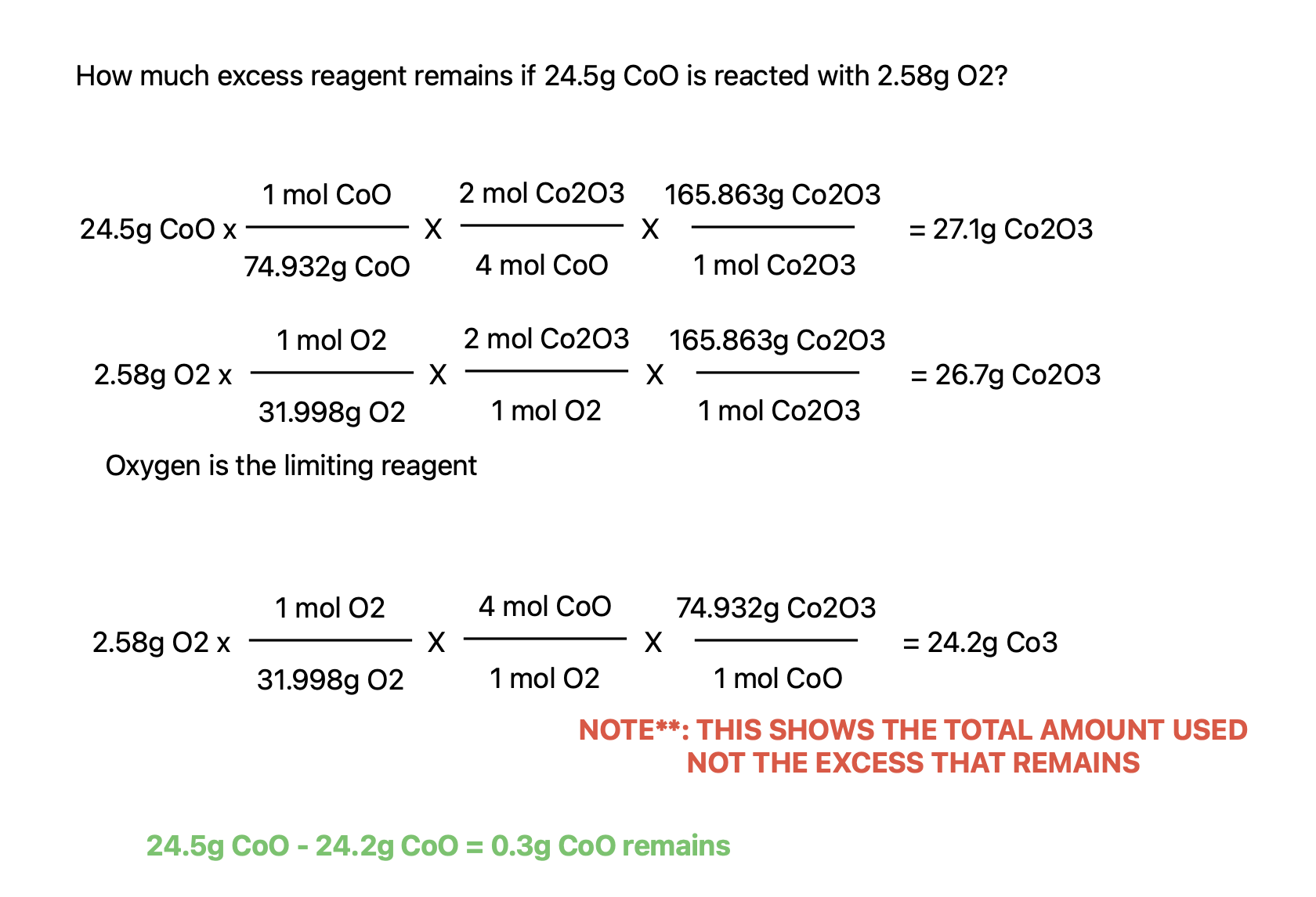 <p>In most chemical rxns, one substance will be limiting to the reaction. </p><p>Idea: if you have 3 bags of flour but 2 eggs, the eggs will limit how many pancakes you can make, while the flour is in excess</p><p></p><p>Typical Process:</p><p>Find mol of product produced with reactant 1</p><p>Find mol of product produced with reactant 2</p><p>etc….</p><p></p><p>Which produces a small #mol of product is the limiting reagent.</p><p></p><p>To find how much excess is actually used, perform stoichiometry from limiting reagent, molar mass, molar ratio, to find actual mol or g of other reactant that was used.</p>