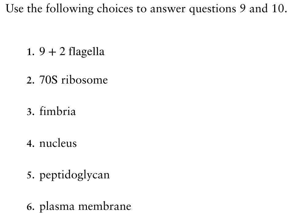 <p>Which of these are found in all prokaryotes? A. 1,4,6  B. 3,5  C. 1,2  D. 4  E. 2,4,5 </p>