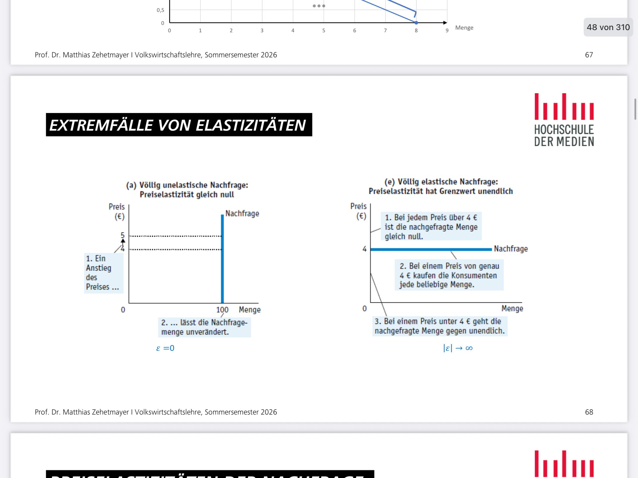 <p><span><span>Sehr gut beobachtet </span></span><span data-name="eyes" data-type="emoji">👀</span><span><span> — genau da liegt der Knackpunkt!</span></span></p><p></p><p></p><p></p><p></p><p><span data-name="red_circle" data-type="emoji">🔴</span><span><strong><span> Deine Frage:</span></strong></span></p><p></p><p></p><p><span><span>„Bei unendlich vielen ist ja kein Balken (keine Linie nach oben?)“</span></span></p><p></p><p><span data-name="point_right" data-type="emoji">👉</span><span><span> Doch – aber anders, als du erwartest.</span></span></p><p></p><p></p><p></p><p></p><p><span data-name="red_circle" data-type="emoji">🔴</span><span><strong><span> Völlig elastisch (rechte Grafik)</span></strong></span></p><p></p><p></p><p><span><span>Du siehst eine waagerechte Linie bei Preis = 4€</span></span></p><p></p><p><span data-name="point_right" data-type="emoji">👉</span><span><span> Diese Linie bedeutet:</span></span></p><p></p><ul><li><p><span><span>Bei genau 4€:</span><span><br></span><span>→ man kann jede beliebige Menge verkaufen</span><span><br></span><span>→ also theoretisch unendlich viel</span></span></p></li></ul><p></p><p></p><p></p><p></p><p></p><p><span data-name="exploding_head" data-type="emoji">🤯</span><span><strong><span> Warum sieht man das nicht als „unendlich hoch“?</span></strong></span></p><p></p><p></p><p><span><span>Weil die Grafik so funktioniert:</span></span></p><p></p><ul><li><p><span><span>x-Achse (Menge) geht nach rechts → da liegt die „Unendlichkeit“</span></span></p></li><li><p><span><span>nicht nach oben!</span></span></p></li></ul><p></p><p></p><p><span data-name="point_right" data-type="emoji">👉</span><span><span> „unendlich viele“ heißt hier:</span></span></p><p><span data-name="arrow_right" data-type="emoji">➡</span><span><span> die Linie geht einfach immer weiter nach rechts</span></span></p><p></p><p></p><p></p><p></p><p><span data-name="brain" data-type="emoji">🧠</span><span><strong><span> Ganz wichtig:</span></strong></span></p><p></p><p></p><p><span data-name="point_right" data-type="emoji">👉</span><span><span> Unendlich viel = unendlich weit nach rechts (Menge)</span></span></p><p><span data-name="point_right" data-type="emoji">👉</span><span><span> NICHT nach oben!</span></span></p><p></p><p></p><p></p><p></p><p><span data-name="mag" data-type="emoji">🔍</span><span><strong><span> Was passiert bei anderen Preisen?</span></strong></span></p><p></p><p></p><ul><li><p><span><span>Preis > 4€</span><span><br></span><span>→ Menge = 0 (niemand kauft)</span></span></p></li><li><p><span><span>Preis = 4€</span><span><br></span><span>→ Menge = ALLES möglich (→ Linie nach rechts)</span></span></p></li><li><p><span><span>Preis < 4€</span><span><br></span><span>→ theoretisch „unendlich Nachfrage“ (würde auch nach rechts gehen)</span></span></p></li></ul><p></p><p></p><p></p><p></p><p></p><p><span data-name="bulb" data-type="emoji">💡</span><span><strong><span> Warum ist die Linie horizontal?</span></strong></span></p><p></p><p></p><p><span><span>Weil:</span></span></p><p></p><p><span data-name="point_right" data-type="emoji">👉</span><span><span> Preis bleibt gleich (4€)</span></span></p><p><span data-name="point_right" data-type="emoji">👉</span><span><span> aber Menge kann alles sein</span></span></p><p></p><p></p><p></p><p></p><p><span data-name="bullseye" data-type="emoji">🎯</span><span><strong><span> Vergleich nochmal:</span></strong></span></p><p></p><table style="min-width: 75px;"><colgroup><col style="min-width: 25px;"><col style="min-width: 25px;"><col style="min-width: 25px;"></colgroup><tbody><tr><td colspan="1" rowspan="1" style="width: 53.3px; margin: 0.5px; padding: 1px;"><p style="text-align: center;"><span><strong><span>Fall</span></strong></span></p></td><td colspan="1" rowspan="1" style="width: 54.6px; margin: 0.5px; padding: 1px;"><p style="text-align: center;"><span><strong><span>Linie</span></strong></span></p></td><td colspan="1" rowspan="1" style="width: 55.4px; margin: 0.5px; padding: 1px;"><p style="text-align: center;"><span><strong><span>Bedeutung</span></strong></span></p></td></tr><tr><td colspan="1" rowspan="1" style="width: 53.3px; margin: 0.5px; padding: 1px;"><p><span><span>unelastisch</span></span></p></td><td colspan="1" rowspan="1" style="width: 54.6px; margin: 0.5px; padding: 1px;"><p><span><span>senkrecht</span></span></p></td><td colspan="1" rowspan="1" style="width: 55.4px; margin: 0.5px; padding: 1px;"><p><span><span>Menge fix</span></span></p></td></tr><tr><td colspan="1" rowspan="1" style="width: 53.3px; margin: 0.5px; padding: 1px;"><p><span><span>elastisch</span></span></p></td><td colspan="1" rowspan="1" style="width: 54.6px; margin: 0.5px; padding: 1px;"><p><span><span>waagerecht</span></span></p></td><td colspan="1" rowspan="1" style="width: 55.4px; margin: 0.5px; padding: 1px;"><p><span><span>Preis fix</span></span></p></td></tr></tbody></table><p></p><p></p><p></p><p></p><p><span data-name="fire" data-type="emoji">🔥</span><span><strong><span> Merksatz</span></strong></span></p><p></p><p></p><p><span data-name="point_right" data-type="emoji">👉</span><span><span> Waagerechte Linie = unendlich elastisch</span></span></p><p><span data-name="point_right" data-type="emoji">👉</span><span><span> Senkrechte Linie = null elastisch</span></span></p><p></p><p></p><p></p><p><span><span>Wenn du willst, kann ich dir das noch mit einer kleinen Skizze „in Gedanken“ erklären, sodass du es dir in der Klausur sofort vorstellen kannst </span></span><span data-name="+1" data-type="emoji">👍</span></p>