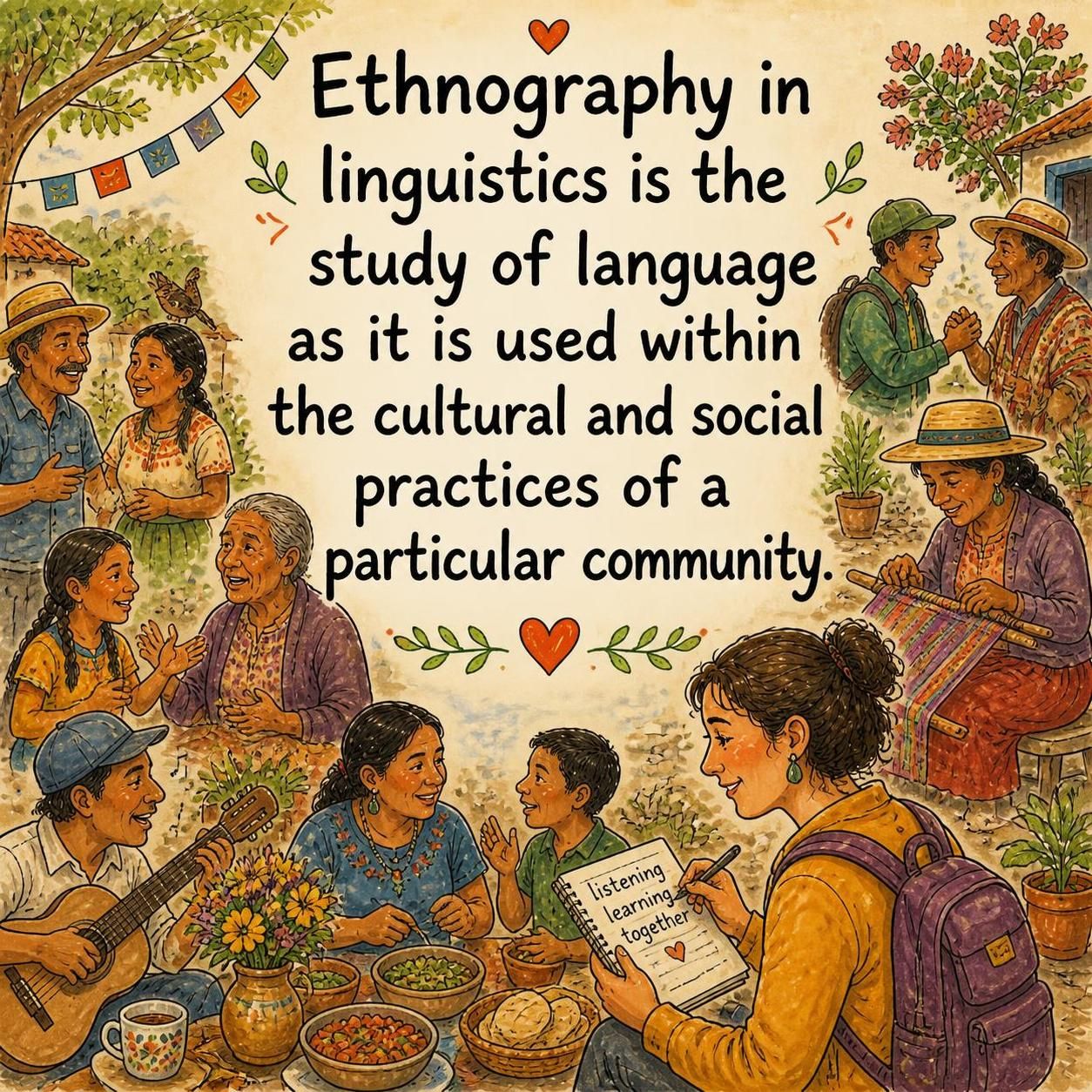 <p>Ethnography in linguistics is the study of language as it is used within the cultural and social practices of a particular community.</p>
