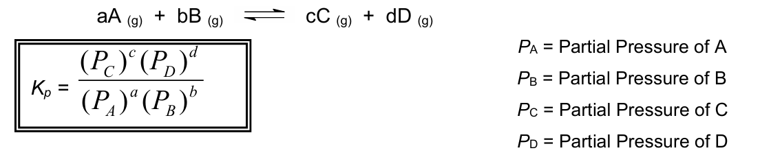 <ul><li><p>for reactions involving gases, the equilibrium constant can be expressed in:</p><ol><li><p>K<sub>c</sub> ⇒ if concentrations of the reactants and products are used</p></li><li><p>K<sub>p</sub> ⇒ if partial pressures of the reactants and products are used</p></li></ol></li><li><p>K<sub>p</sub> can be only applied if the equilibrium has at least 1 gaseous species</p></li></ul><p></p>