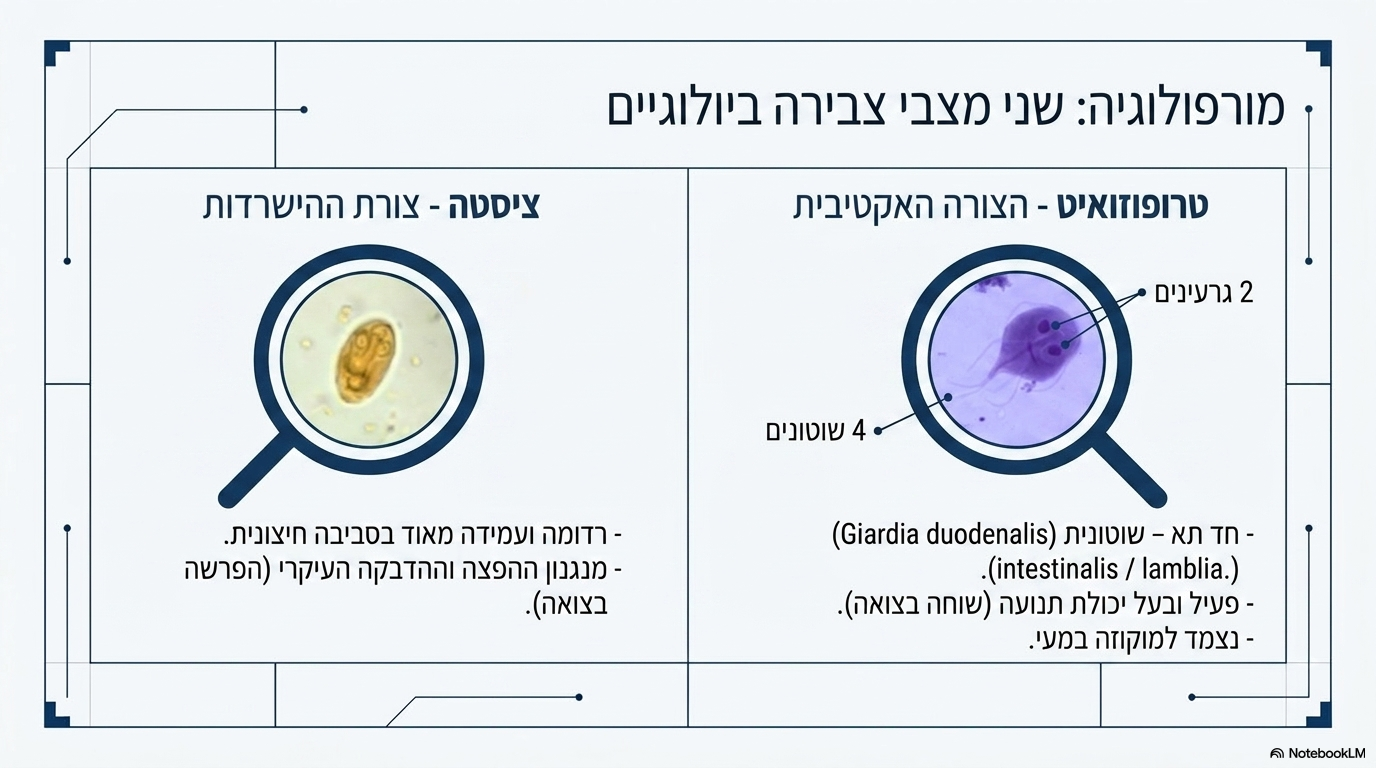 <p></p><ul><li><p><strong>טרופוזואיט (הצורה הפעילה):</strong> בעל יכולת תנועה עצמאית, נצמד ישירות למוקוזה (רירית המעי). לטרופוזואיט יש <strong>4 שוטונים ושני גרעינים</strong> המעניקים לו מראה של "פרצוף" תחת המיקרוסקופ.</p></li><li><p><strong>ציסטה:</strong> צורת קיום רדומה ועמידה מאוד שהטרופוזואיט משתנה אליה לצורך הישרדות מחוץ למאכסן והדבקה.</p></li></ul><p></p>