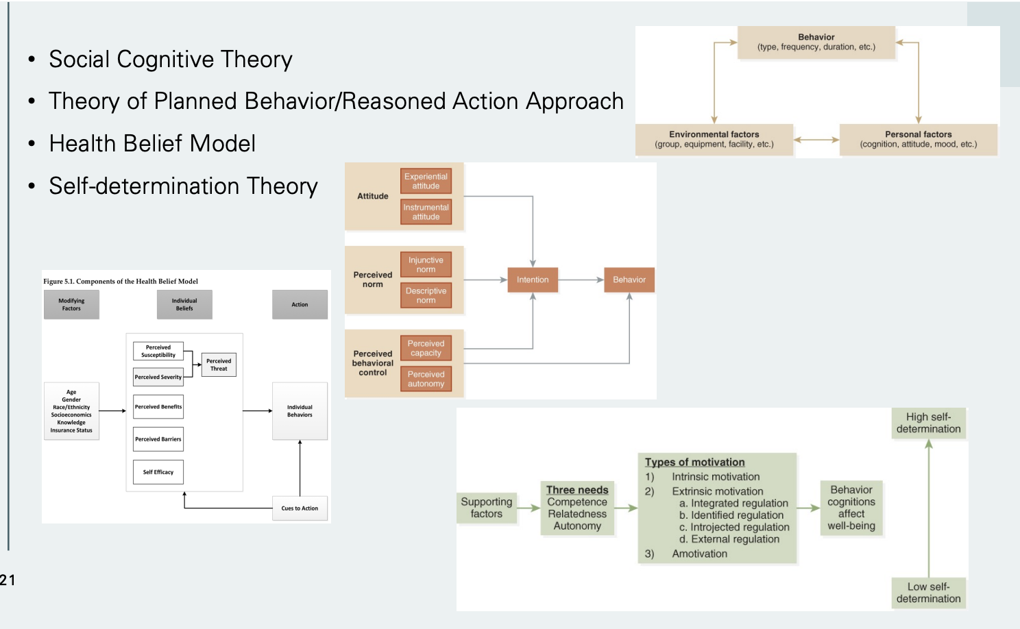 <p>*have similar constructs; try to understand culture, how break it down</p><p><strong>-Social Cognitive Theory:</strong> self-efficacy, behaviors based on modeling</p><p><strong>-Theory of Planned Behavior/Reasoned Action Approach:</strong> culture impacts attitude</p><p><strong>-Health Belief Model:</strong> culture impacts perceived threats (perceived severity and susceptibility)</p><p><strong>-Self-determination Theory:</strong> relatedness, motivation, intrinsic motivation</p><p>*+Dual-Process Theory: cognitive and enjoyment factors</p>