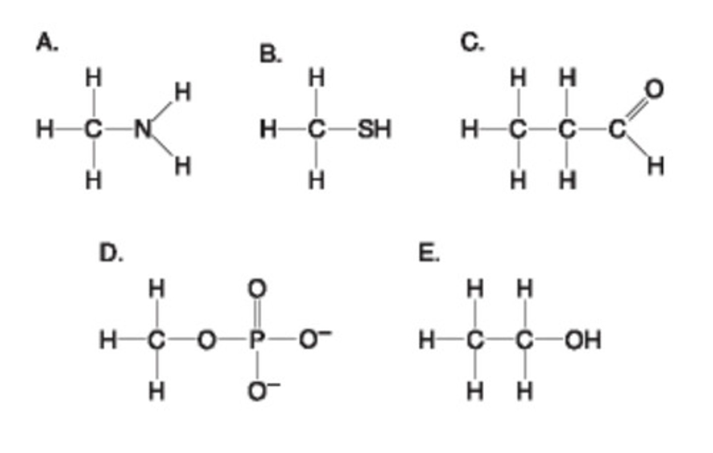 <p>4. Using the functional group diagram at right answer A - E which of the following is incorrectly matched?:</p><p>A = amino group</p><p>B = thiol group</p><p>C = carbonyl (aldehyde)</p><p>D= organic phosphate</p><p>E= carboxyl group</p>