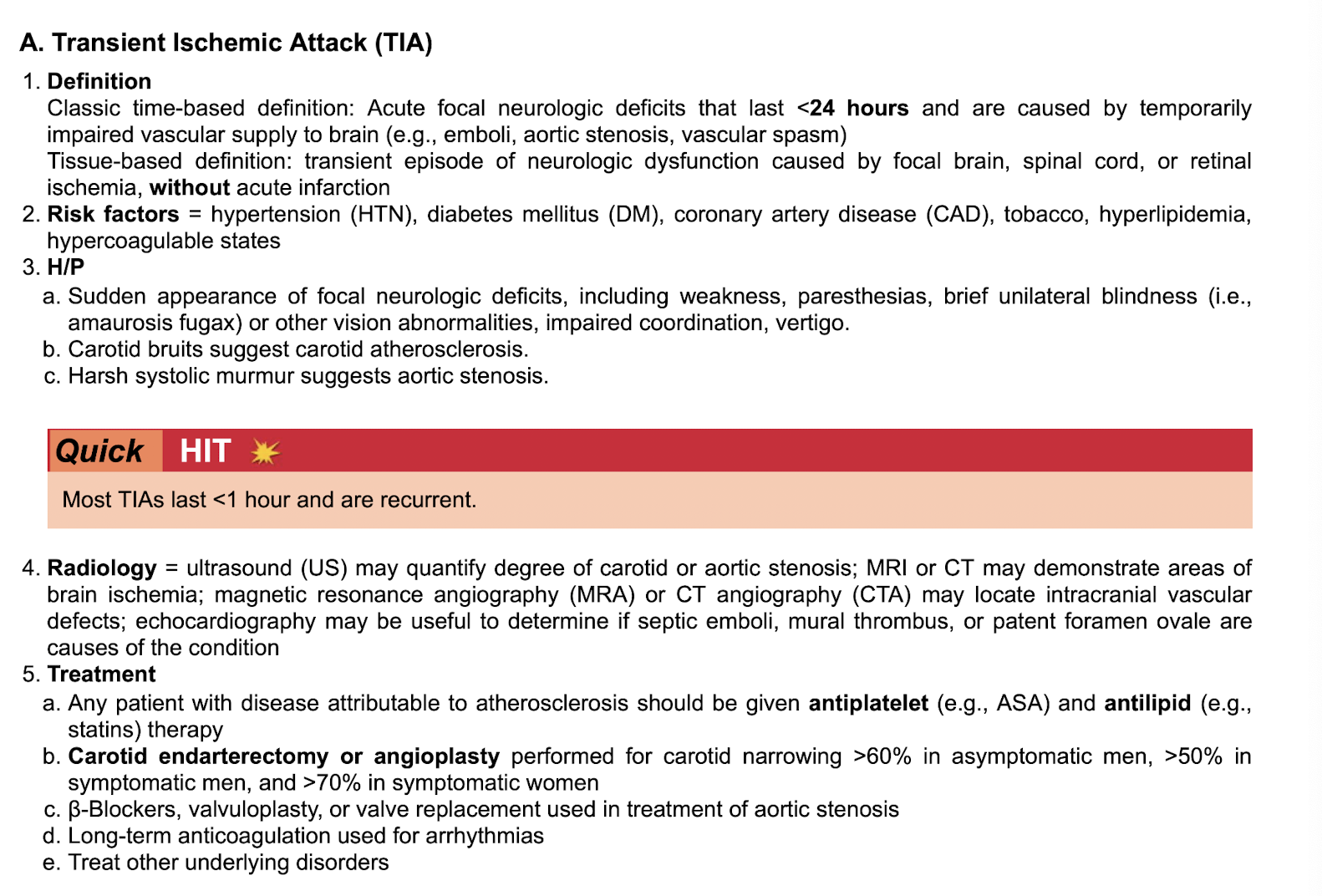 <p class="p1"></p><ul><li><p class="p2">if d/t atherosclerosis: anti platelet (ex. ASA) and antilipid (statin)&nbsp;</p></li><li><p class="p2">Carotid endarterectomy or angioplasty if carotid narrowing </p><ul><li><p class="p2">>60 in asymptomatic men, </p></li><li><p class="p2">>50 in sxs men, </p></li><li><p class="p2">>70 in sxs women&nbsp;</p></li></ul></li><li><p class="p2">BB, valvuloplasty or valve replacement if aortic stenosis&nbsp;</p></li><li><p class="p2">long term anticoagulant if arrhythmia&nbsp;</p></li><li><p class="p2">tx underlying disorders&nbsp;</p></li></ul><p></p>