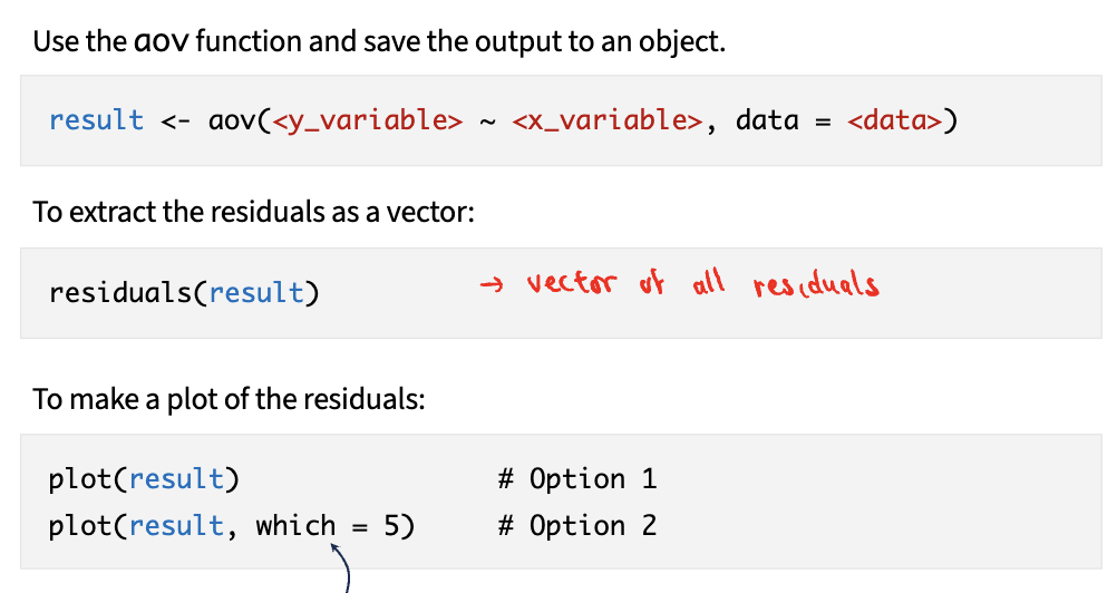 <p>For ANOVA, we try to verify the data meet the assumptions using AS FEW TESTS as needed</p><ul><li><p>within each group, determine the residuals</p><ul><li><p>Residuals: difference between each data point and its group mean</p></li><li><p>analyzing residuals can show non-normality</p></li></ul></li></ul><p>Steps: </p><ul><li><p>1) use aov function and save output to object</p></li><li><p>2) extract residuals as vector</p></li><li><p>3) make plot of residuals</p></li></ul><p></p>