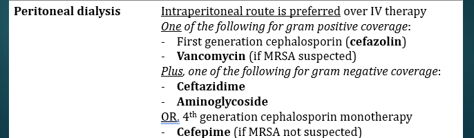 <ol><li><p>Ceftazidime</p></li><li><p>Aminoglycoside</p></li><li><p>cefipime (if no suspected MRSA) (would be monotherapy)</p></li></ol><p></p>