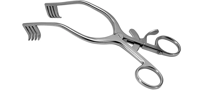 <p>Self-retaining retractor with rake tips; placed during the neck cut (Gupta hip).</p>