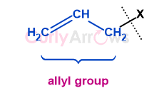 <p>Two double bonded carbons and one other carbon attached to another atom</p>