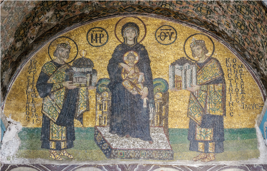 <p>Entrance mosaic of the Hagia Sophia, 10<sup>th</sup> century CE, Made of gold and colored tesserae.</p><p></p><p>Important for its older iconographic art from the Byzantine era that stayed despite Islamic takeover of the building. These characteristics were banned and covered up. Here, other kings are presenting buildings to the Mother Mary and Jesus. </p>