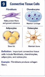 <p>include fibroblasts that make fibers and ground substance</p><p>chondrocytes that maintain cartilage </p><p>adipocytes that store fat</p><p>osteocytes that maintain bone</p>
