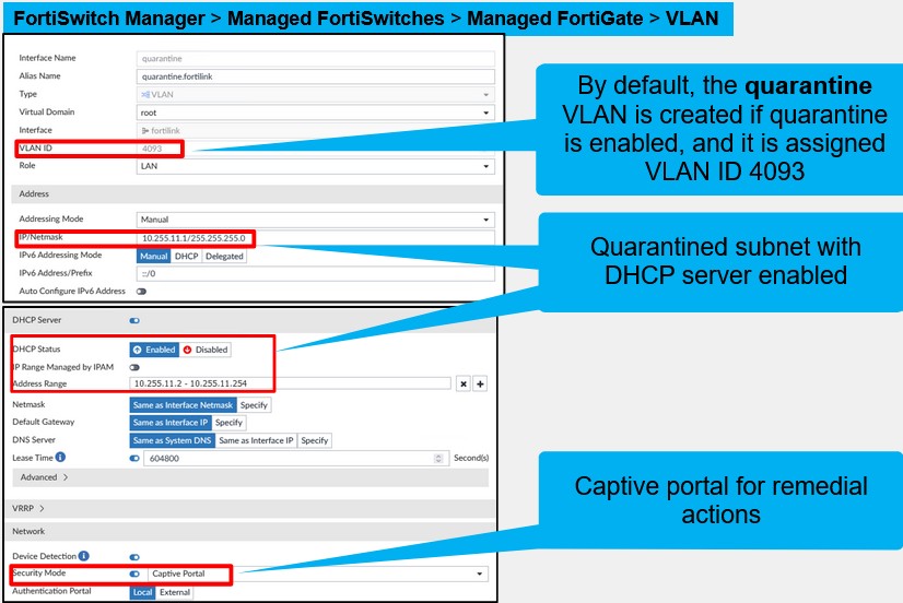 <p>If you are using by VLAN mode, then you might want use the default quarantine VLAN as your quarantine VLAN. </p><p>To isolate quarantined devices from each other, access VLAN is enabled on the quarantine VLAN by default.</p><p>The quarantine VLAN has captive portal enabled for device remediation. Part of the role of quarantining devices is to challenge connectivity with the captive portal.</p>