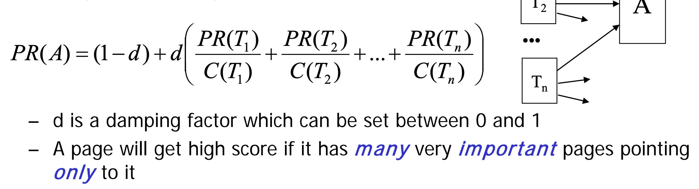 <p>Page Rank: Compute quality/authority of a page</p><p>Anchor Text: Short description from third parties of a page</p><p>It has location information for all hits and so it makes extensive use of proximity in search</p><p>words in a larger or bolder font are weighted higher than other words</p><p></p>