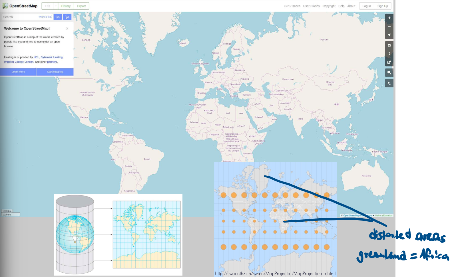 <p>online mapping</p><p>Advantages:</p><ul><li><p>always up north</p></li><li><p>seamless, works for the entire globe</p></li></ul><p>Disadvantages:</p><ul><li><p>not equivalent (not area-preserving), e.g. Africa is smaller than reality</p></li></ul><p></p>