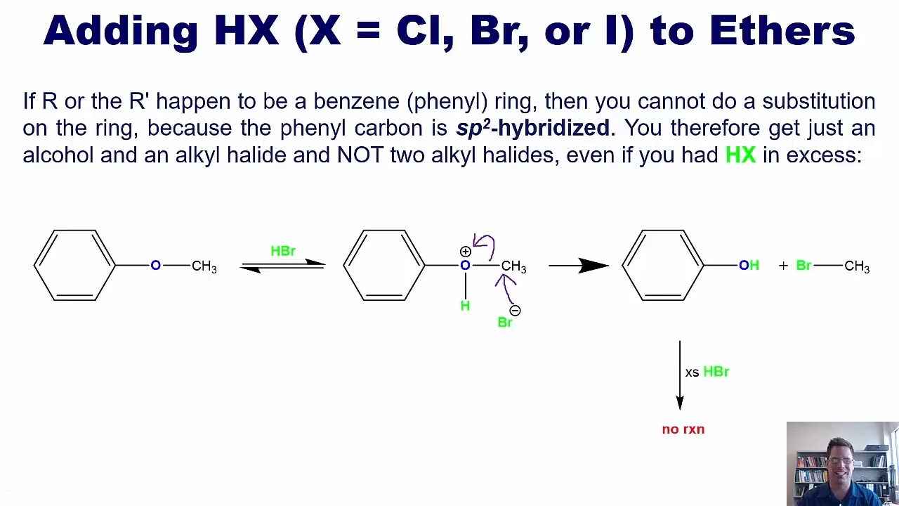 <p>The HX would not add onto the phenyl, as SN2 reactions cannot occur on rings </p>