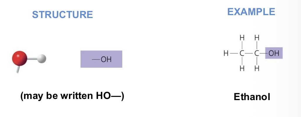 <p>What chemical group is this?</p><p>Functional properties:</p><ul><li><p>polar</p></li><li><p>Attracts water molecules, helping dissolve organic compounds (i.e. sugars)</p></li><li><p>Alcohols (their specific names usually end in -ol)</p></li></ul><p></p>