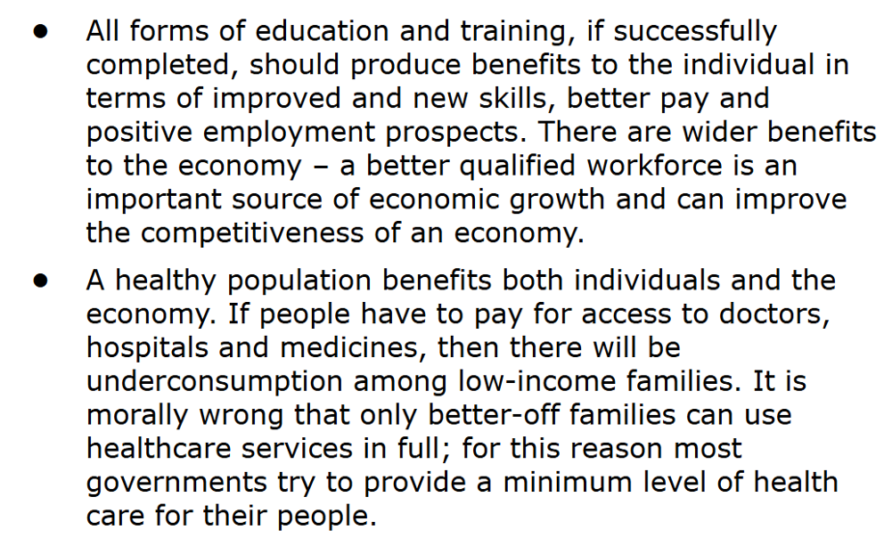 <p>Even with awareness, inability to pay limits access (notably education and healthcare). Many governments therefore aim to provide a minimum level of such services.</p>