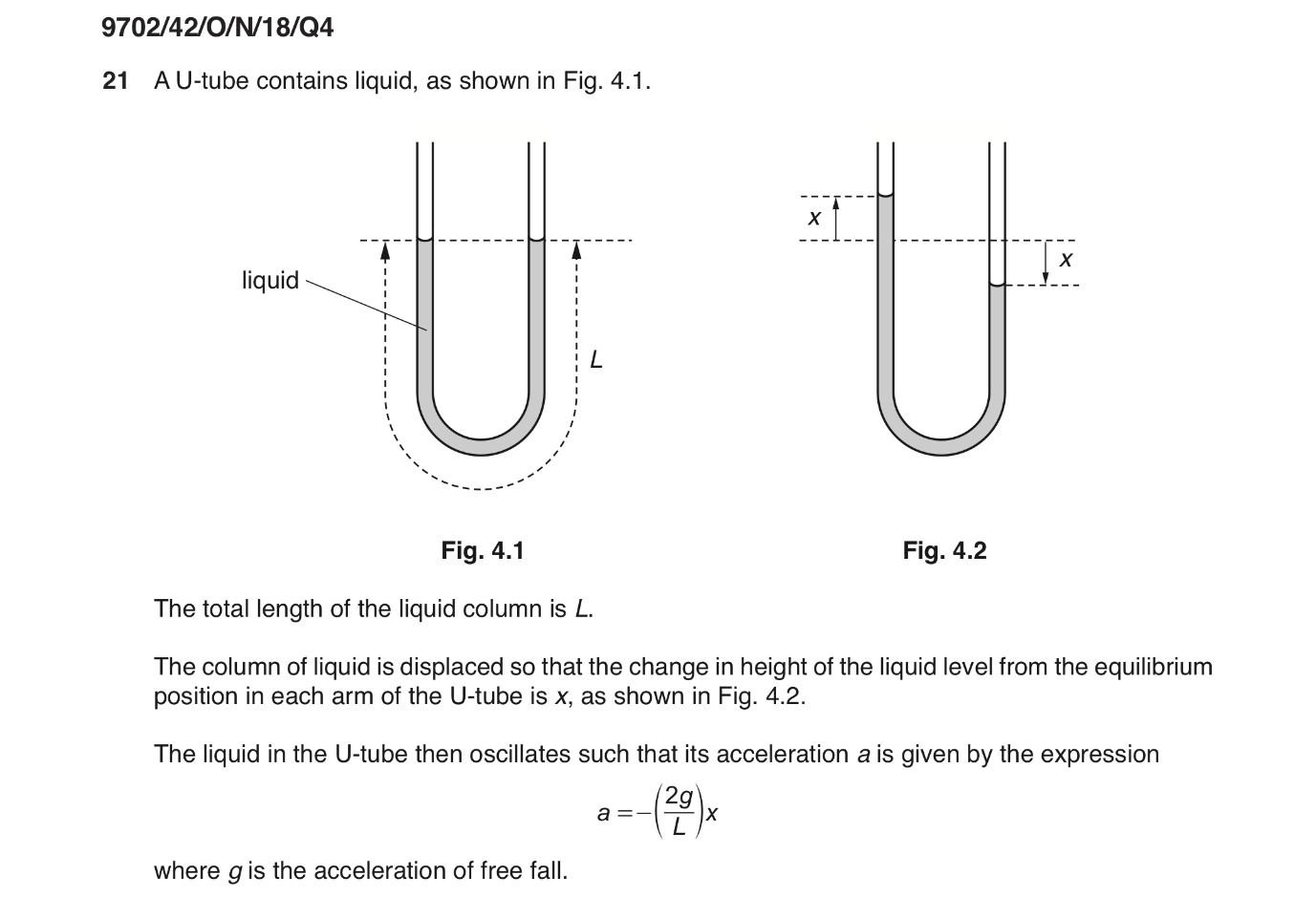 <p>Show that the liquid column under goes s.h.m [2]</p>