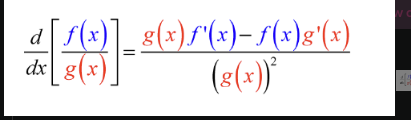 <p>(Low)(Dee High) - (high)(dee low) all dived by (low) squared</p><p>Use when functions being divided by each other</p>