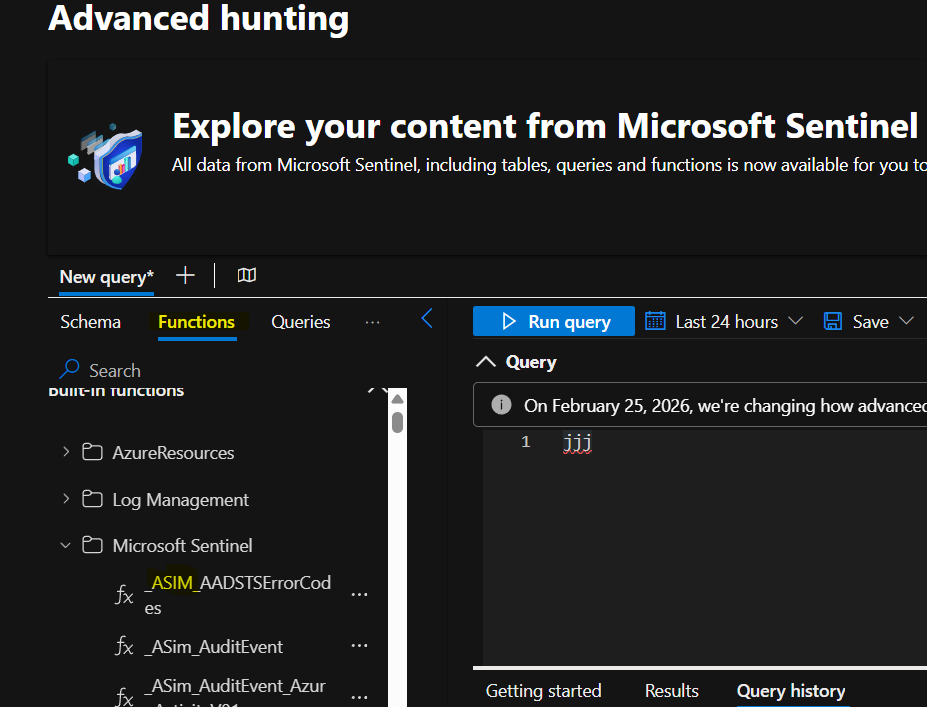 <p>Azure:</p><p>Sentinel > Overview > logs > Functions > Microsoft sentinel</p><p>Defender portal: </p><p>Investigation &amp; Response > Hunting > Advanced Hunting > Functions > Microsoft sentinel</p><p><span><span>You'll see functions starting with </span></span><strong><em>ASim</em></strong><span><span> and </span></span><strong><em>Im</em></strong><span><span>.</span></span></p>