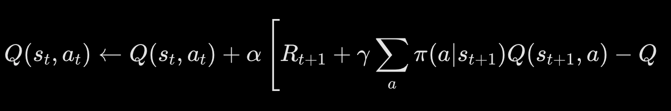 <p>Flexible. Computes exact policy expectation over the target state (reduces sampling variance). <br>Q(s, a) ← Q(s, a) + α [ R + γ Σ<sub>a’</sub> π(a'|s')Q(s', a') - Q(s, a) ]</p>