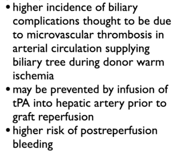 <ul><li><p>At UHN we infuse tPA (thrombolytic agent) to break up the microvascular thrombosis into hepatic artery before graft reperfusion </p></li><li><p>yields a higher risk of post reperfusion bleeding and a prolonged period to return to hemostasis before return to operation </p></li></ul><p></p>