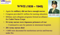 <p>- Military lacked nurses → Congress funded $1M for nursing education</p><p>- Cadet Nurse Corps formed (military + collegiate training alliance)</p><p>- 54 Army nurses became Japanese POWs (still cared for patients)</p><p>- 201 Army nurses died</p>